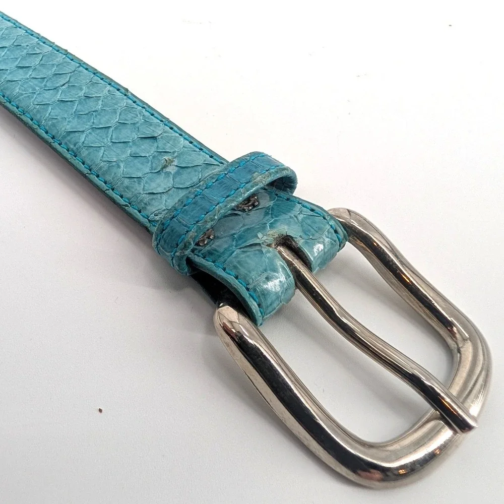 Genuine Snakeskin Belt Teal Blue Exotic Leather Brass Plated Buckle Size‎ L